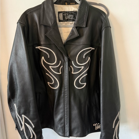Victory Motorcycles Black Leather Jacket with White Embroidered Design